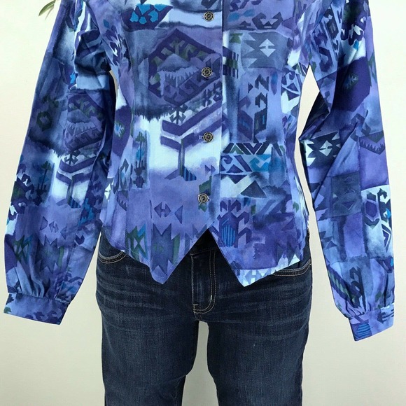Vtg Roper Western Rodeo Shirt Blue Batik Studded‎ Collar Cropped Women’s Size M - Picture 3 of 9